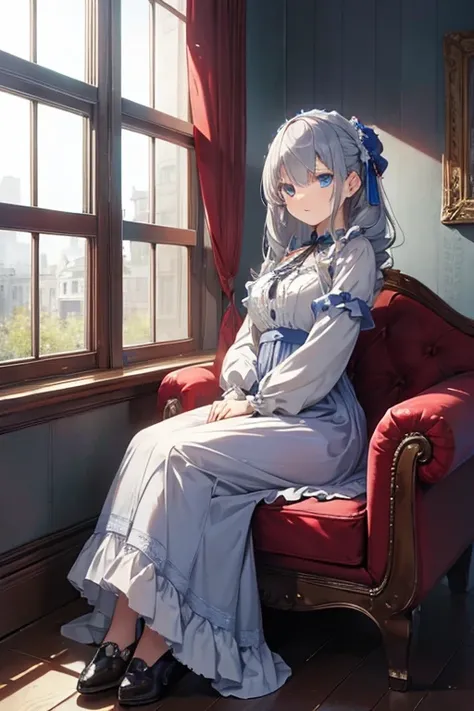 masterpiece, highest quality, High resolution, 82-year-old woman、blue eyes、
Gray Hair、Crimson frill dress、Long skirt、Western-style building、Sit by the window