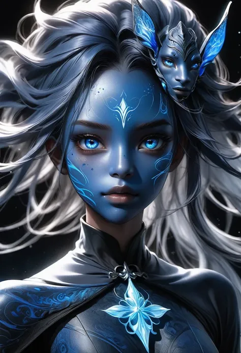 A full-length blue humanoid avatar with bioluminescent freckles and patterns on the skin. Pointed elf ears. Avatars hair, black in color, sparkling blue eyes, slightly shimmering iridescent blue skin. Female gender, warrior-like, magical and mystical, deta...