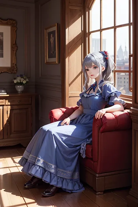 masterpiece, highest quality, High resolution, 82-year-old woman、blue eyes、
Gray Hair、Crimson frill dress、Long skirt、Western-style building、Sit by the window