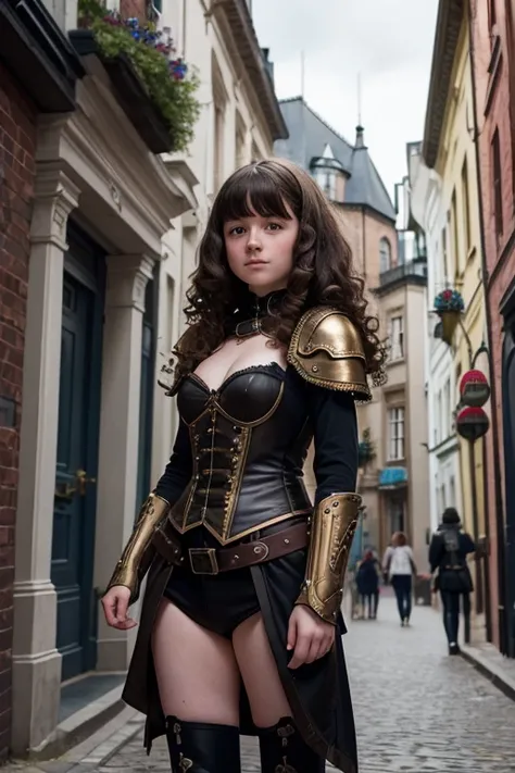 a pale freckled 11 year old irish girl with long curly bangs hair, wearing a sexy steampunk armor, in a victorian city street, high resolution, detailed