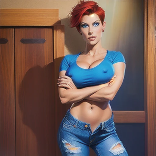 (masterpiece, best quality:1.2), solo, blue eyes, cleavage, Benitez t-shirt, denim jeans,  large breasts, lips, short pixie hair, midriff, nose, open jeans, panties, photo(medium), red hair, realistic, underwear sticking out, torn jeans, covered nipples, s...