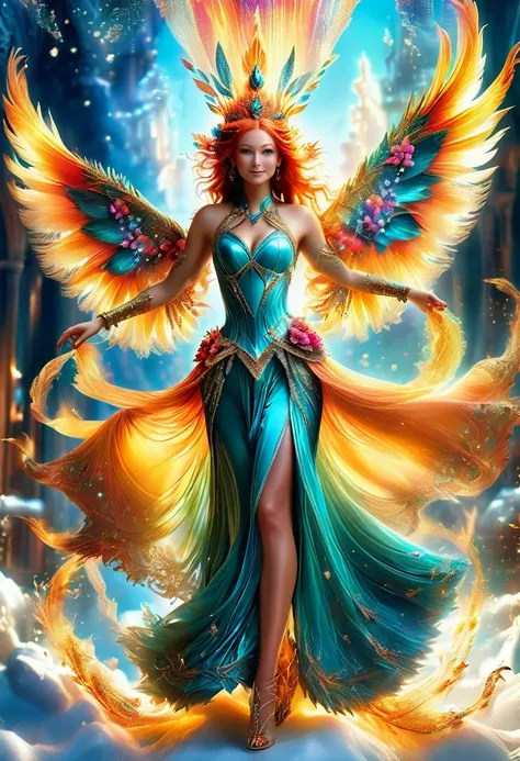 A captivating, hyper-detailed full-length portrait of a firebird girl in a renaissance-inspired setting. She is adorned with intricate feathers made of fire, shimmering like diamonds and crystals. In the background, an ethereal dreamscape is depicted, with...