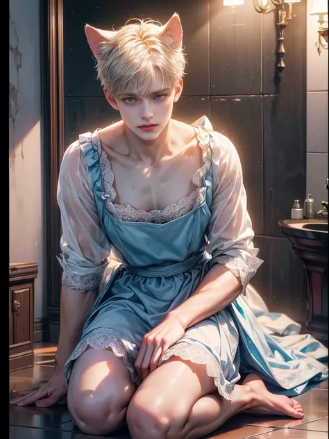 At night, a tall young man with white short hair and cat ears, striking blue eyes, stained with dew on his body, wearing only a pink and white apron, kneeling on the floor in a bathroom,his clothes soaked and revealing his defined physique, (best quality,4...