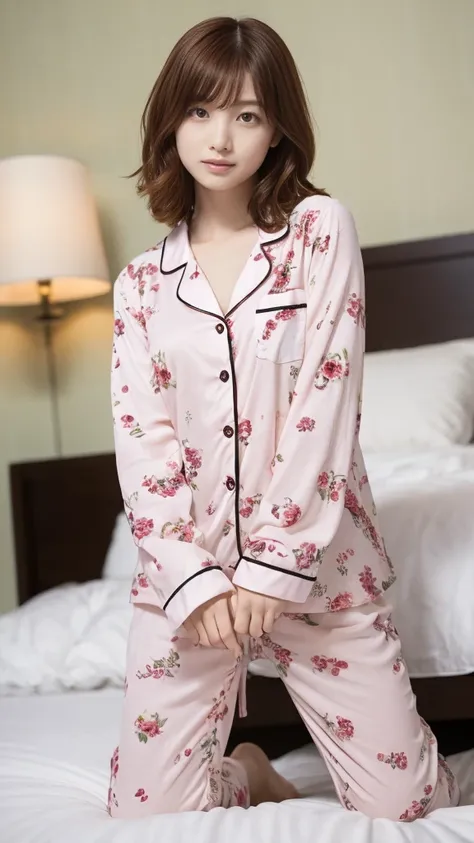 A woman in pink floral pajamas is sitting on her bed, Redheadの少女, beautiful Redheadの女性, Redheadの女性, young Redheadの少女, Short bright red hair, Red hair and attractive features, Anna Nikonova、Also known as New Milky, Redheadの少女, Redhead, Beautiful woman, Posi...