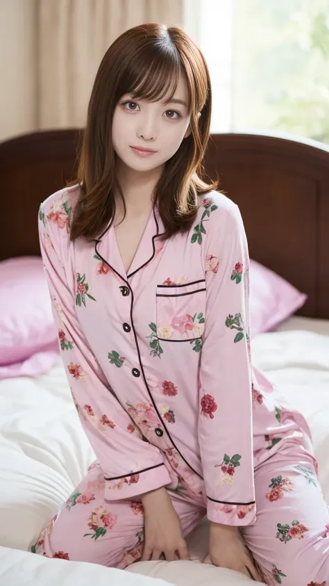 a woman in pink floral pajamas is sitting on her bed, redheadの少女, beautiful redheadの女性, redheadの女性, young redheadの少女, short brig...