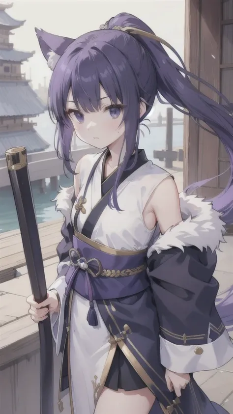 Navy blue short ponytail，black eyes，Wolfs ears，Purple Hanfu armor，longbow