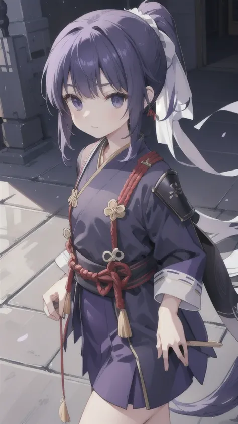 Navy blue short ponytail，black eyes，Wolfs ears，Purple Hanfu armor，longbow