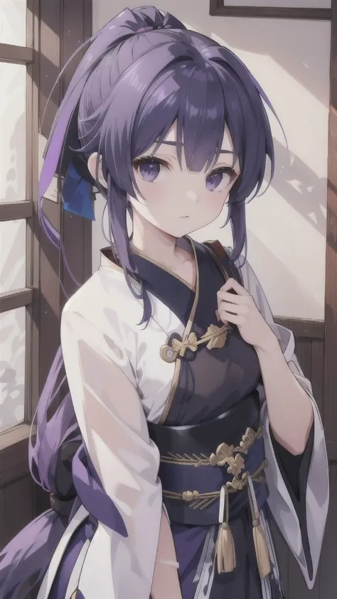 Navy blue short ponytail，black eyes，Wolfs ears，Purple Hanfu armor，longbow