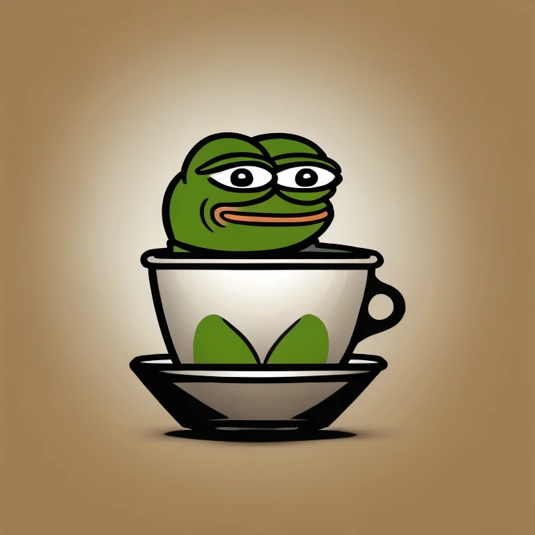 flat art logo for pepe frog sitting in a cup of coffee, meme, funny, humor, simple background