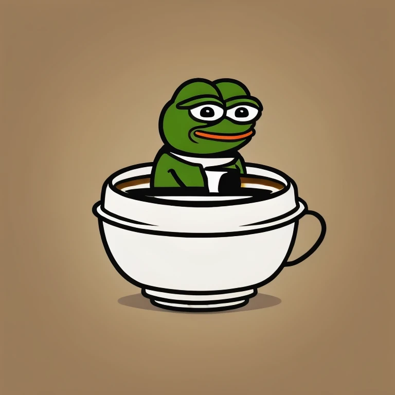 flat art logo for pepe frog sitting in a cup of coffee, meme, funny, humor, simple background