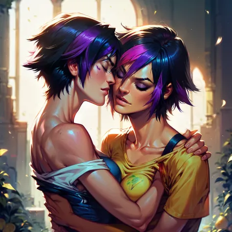 score_9, score_8_up, score_7_up, score_6_up, score_5_up, (high quality, detailed, beautiful), detailed soft lighting, 2girls, (GoGo Tomago, Honey Lemon), embracing, (eyes closed), groping, passionate.