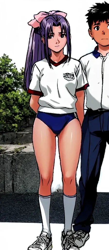 Momoko Koigakubo, a tall girl with beautiful legs, is standing with her legs spread to the sides in a white gym uniform and light navy blue bloomers that look like panties.。Next to Momoko Koigakubo, a fifth-grade boy with a shaved head and wearing a tracks...