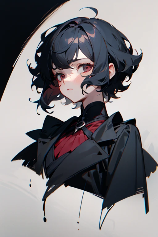 Girl with dark short hair up to her chin, Wavy. She has black clothes and dark eyes, tired look. Next to her is a strong vampire guy. 