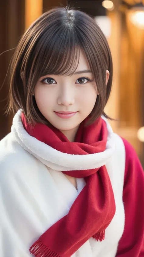 1girl, ultra young japanese girl, santa claus clothes and scarf, slim fit, incredibly cute, very short hair, big smile, ultra beautiful detailed eyes, beautiful detailed lips, extremely detailed face, long eyelashes, innocent, artless, natural makeup, best...