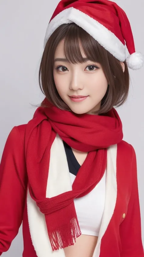 1girl, ultra young japanese girl, santa claus clothes and scarf, slim fit, incredibly cute, very short hair, big smile, ultra beautiful detailed eyes, beautiful detailed lips, extremely detailed face, long eyelashes, innocent, artless, natural makeup, best...