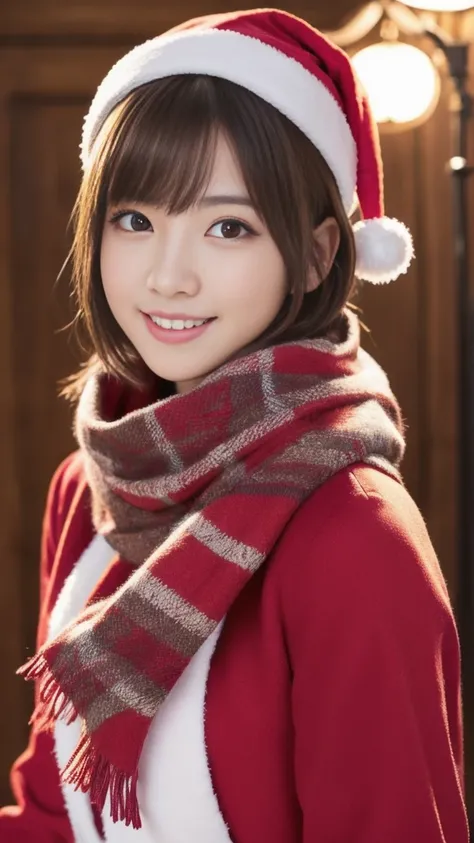 1girl, ultra young japanese girl, santa claus clothes and scarf, slim fit, incredibly cute, very short hair, big smile, ultra beautiful detailed eyes, beautiful detailed lips, extremely detailed face, long eyelashes, innocent, artless, natural makeup, best...