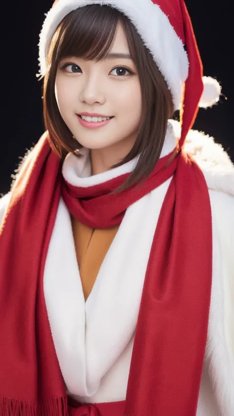 1girl, ultra young japanese girl, santa claus clothes and scarf, slim fit, incredibly cute, very short hair, big smile, ultra beautiful detailed eyes, beautiful detailed lips, extremely detailed face, long eyelashes, innocent, artless, natural makeup, best...