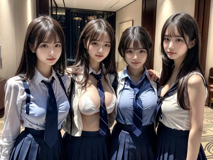 (8K, Raw photography, top-quality, ​masterpiece:1.2),  ((3 beatiful girls))、.（Realistic Skins 1.4）、（（（female high-school student、School Uniforms、）））、{{‎(The background is a luxury hotel room}}（（School Uniforms、white Cutter shirt、darkblue pleatedskirt))、（(l...