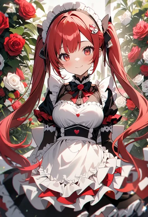 High quality, high definition, hig
h precision images,8k 1Girl、red hair,Twin tails,Red eyes.(robot style red and white barrette)、colorful maid Cafe, White and red luxurious frilled maid outfit,A single rose is blooming,The surrounding area is a flower gard...