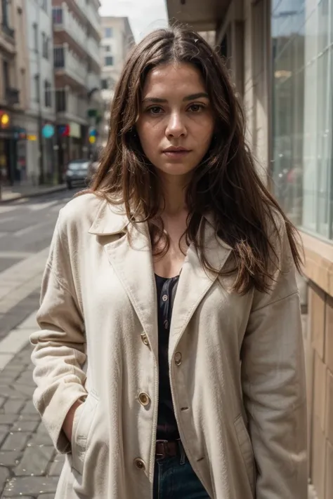 RAW photo of beautiful woman, 30 years old, portrait, coat, neutral background, (high detailed skin:1.2), 8k uhd, dslr, soft lighting, high quality, film grain, Fujifilm XT3, backgorund blurred, sefie shot, cinematic lighting, motion blur, film grain, very...