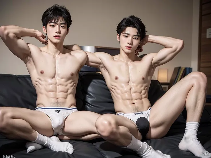 Chinese boy student with abs, black hair, white sports socks, handsome guy with sexy triangle bulge, shirtless, wearing sexy bikini underwear, lifted arms, spread legs, sitting