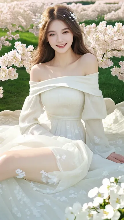 Best quality, masterpiece, ultra high res, (photorealistic:1.4), raw photo, 1girl, white dress, off shoulder, blossom flower field, glowing skin, light smile