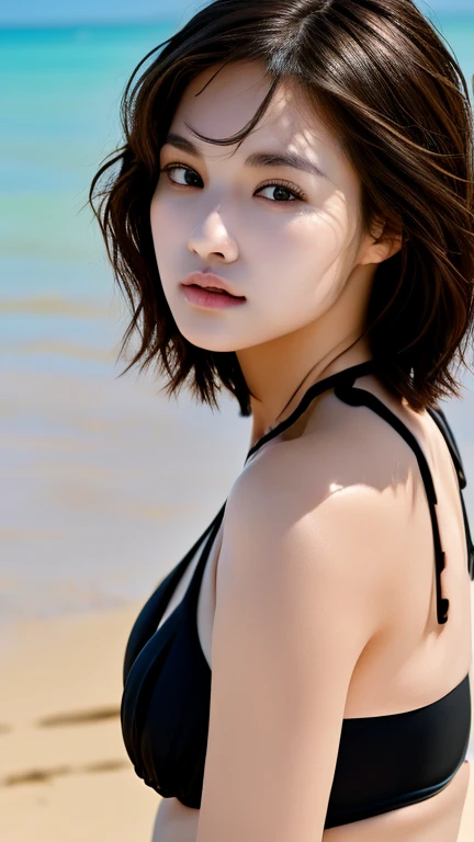 Masterpiece ,high resolution ,raw photo ,8K resolution ,beautiful face ,detailed face ,detailed finger ,detailed body ,very detailed ,solo, 1 woman, Korean, short brown hair, brown eyes, sitting on the beach sand, wearing a black bikini, glowing skin,