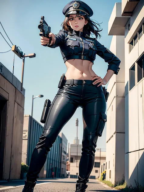 
Women in crop top police uniform, police  pants, showing navel, aiming pistol 