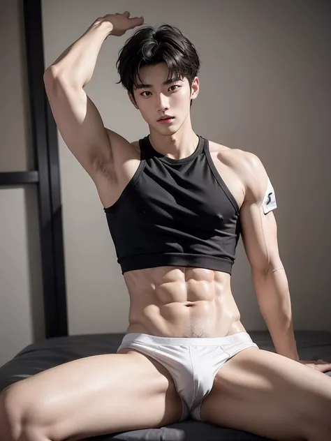 Korean boy student with abs, black hair, white sports socks, handsome guy with sexy triangle bulge, shirtless, wearing sexy bikini underwear, lifted arms, spread legs, sitting