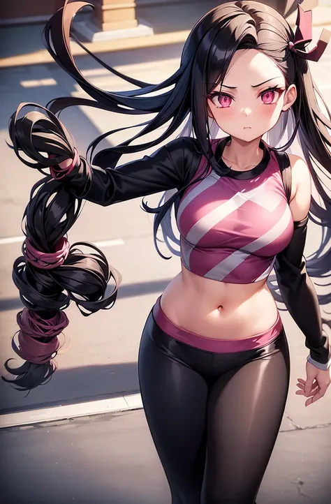 1girl, 1girl nezuko full body, Nezuko Kamado, Nezuko Kamado demon slayer, kamado nezuko, (anime: demon slayer), sexy, female body, perfect body, fullbody, pink enchanting eyes, dark black hair, black hair, black long hair, perfect body, wearing: modern clo...