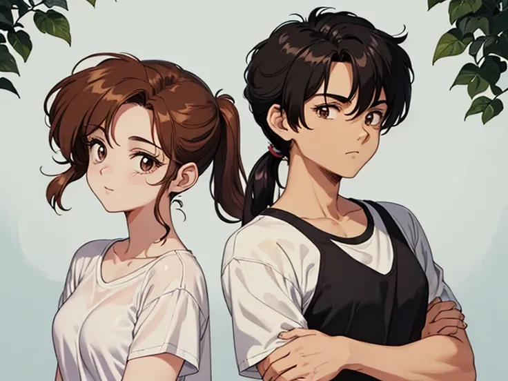 Two characters in a scene boy and girl (absolutely identical twins brother and sister), The first character is a handsome effeminate boy with semi-long brown hair tied in a ponytail., White T-shirt, Brown eyes, and the second character is a girl with aesth...