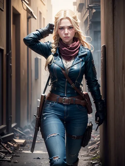 Dramatic Lighting, Deep Shadows, Ruined streets, rubble, Fire, smokes, People flee, Katheryn Winnick, Blonde braids fluttering in the wind, Light blue eyes, A firm frown, Wearing a worn blue Goretex jacket, scarf, jeans, Gloves, Gear belt with holster and ...