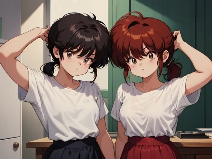 Two characters in a scene boy and girl (absolutely identical twins brother and sister), The first character is a handsome effeminate boy with semi-long brown hair tied in a ponytail., White T-shirt, Brown eyes, and the second character is a girl with aesth...