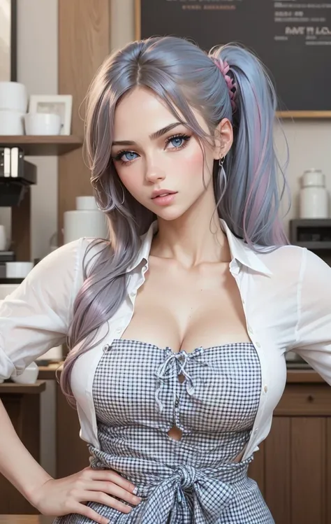 Beautiful girl , sexy slim fit body,  tied  hair, beautiful blue eyes,  pink rogue lips, big breasts, 