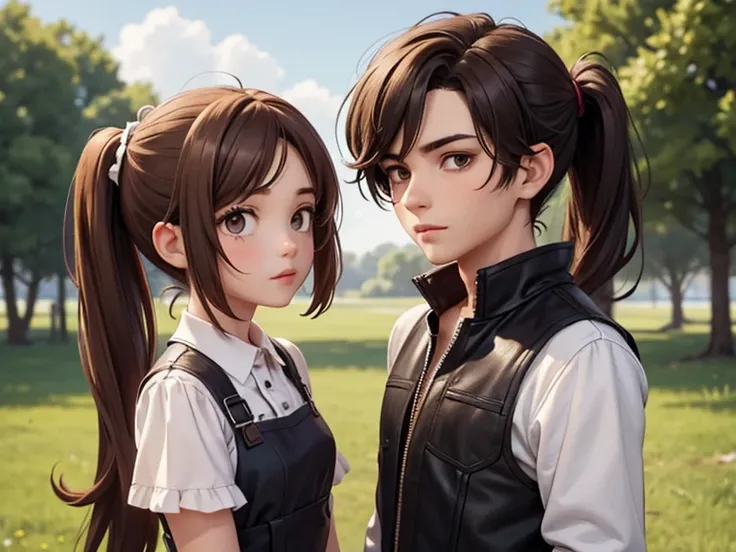 Two characters in a scene boy and girl (absolutely identical twins brother and sister), The first character is a handsome effeminate boy with beautiful girlish features, with semi-long brown hair tied in a ponytail, white linen women&#39;s t-shirt, Brown e...