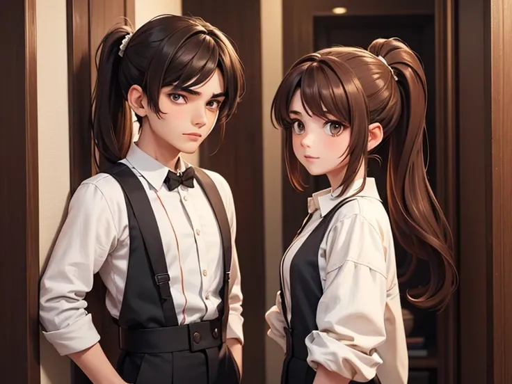 Two characters in a scene boy and girl (absolutely identical twins brother and sister), The first character is a handsome effeminate boy with beautiful girlish features, with semi-long brown hair tied in a ponytail, white linen women&#39;s t-shirt, Brown e...