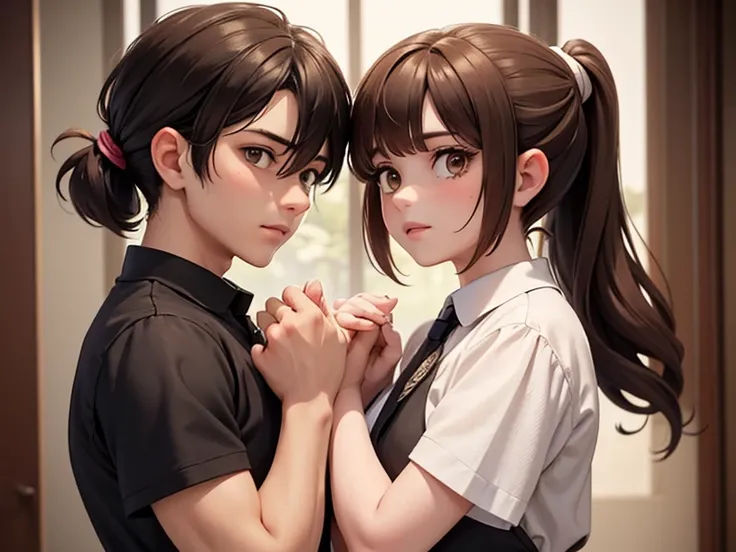 Two characters in a scene boy and girl (absolutely identical twins brother and sister), The first character is a handsome effeminate boy with beautiful girlish features, with semi-long brown hair tied in a ponytail, white linen women&#39;s t-shirt, Brown e...