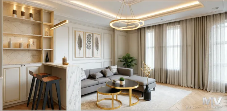 living room, (neoclassic style:1.2), (neoclassic furniture:1.2), tones white cream light, neoclassic tones interior design,  (ar...