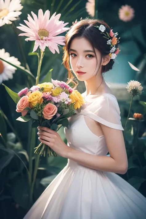 (beautiful woman with a bouquet of flowers:1.3), (digital artwork), (double exposure style:1.3), 
BREAK
(abstract Cubism, Geometrization:1.3), digital art, white background,
(wearing Dresses that turn into particles in pieces.:1.2), multiple colorful flowe...