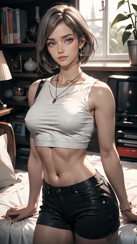 ((Realistic Face, Fascinating, Mature, White eyes)), (Grey crop top, Black underwear, Short clothes), (Long black hair), (20 years), (1 girl), (4K Style))