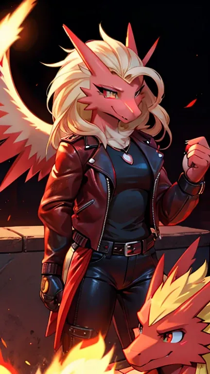 Blaziken, bombshell, leather jacket, lithe body, smiling warmly.