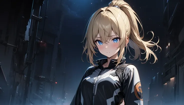 a handsome girl, 25 years old,
blond hair, medium hair, ponytail hair, blue eyes,
fighter costume, black tights,
standing,
no expression,
night sky,
masterpiece, best quality, ultra detailed,
detailed eyes, cute eyes