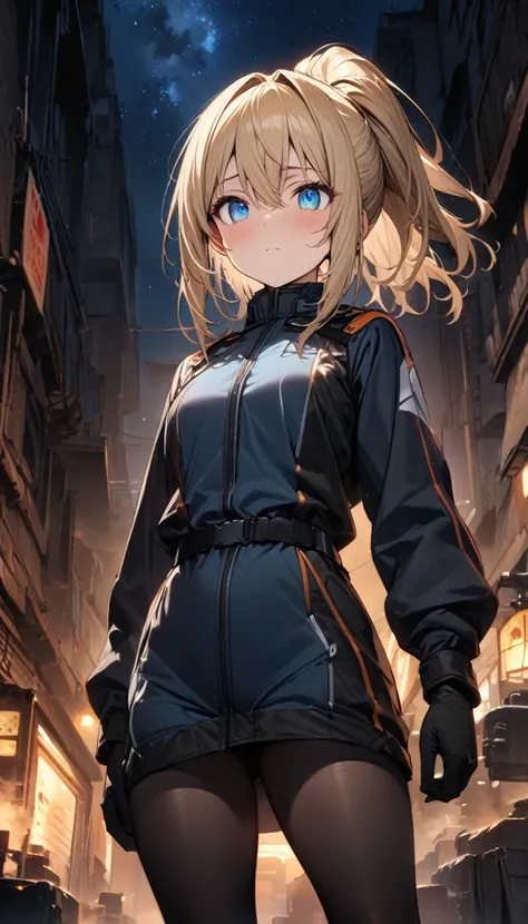 a handsome girl, 25 years old, blond hair, medium hair, ponytail hair, blue eyes, fighter costume, black tights, standing, no expression, night sky, masterpiece, best quality, ultra detailed, detailed eyes, cute eyes