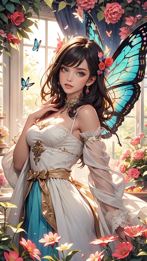 Beautiful girl in a fairy costume, Surrounded by flowers and butterflies. content: Watercolor. style: Whimsical and delicate, Like an illustration in a children&#39;s book.