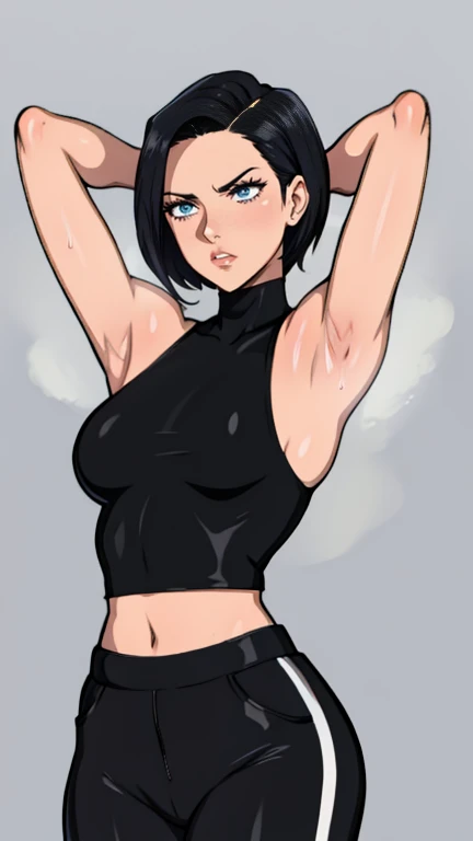 gym background、Super detailed illustrations、angry expression、masterpiece、highest quality、ultra high resolution、high resolution、(Sweat、body fluid)、shiny skin、black hair、very short hair、color red eyes、white croptop turtleneck、sleeveless、Standing picture、hot ...