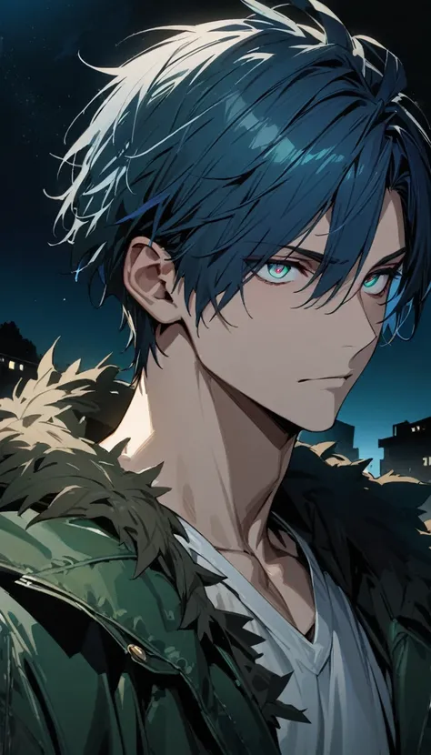 wild man, a handsome boy, 30 years old, ultramarine blue hair, short hair, dark emerald green eyes, jacket, no expression, night...