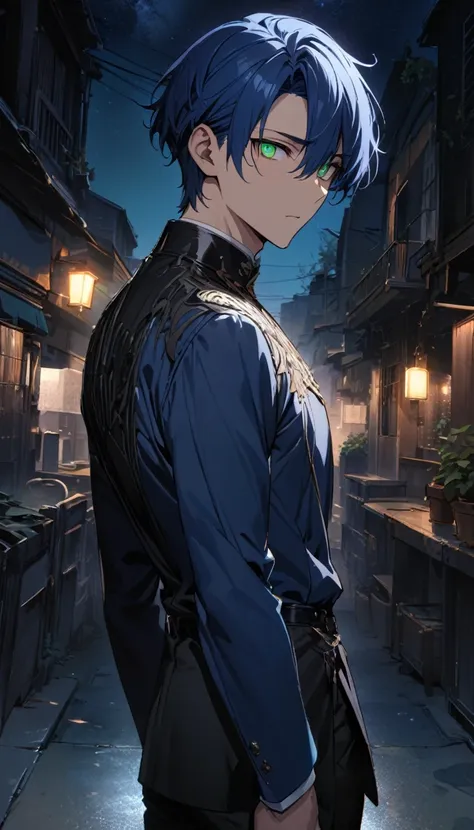 a handsome boy, 30 years old, ultramarine Blue hair, short hair, emeraldgreen eyes, standing, no expression, night sky, masterpiece, best quality, ultra detailed, detailed eyes, cool eyes