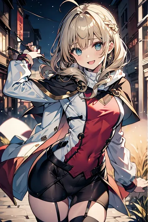 masterpiece, a girl 19 years old, sparrow, a silver blonde haired girl, wearing a brown viking clothes, curly medium hair, messy hair, slim body, wearing furry capelet with hoody, girl close her left eye, shirt ornament, aqua eyes, sho show her back, ahoge...