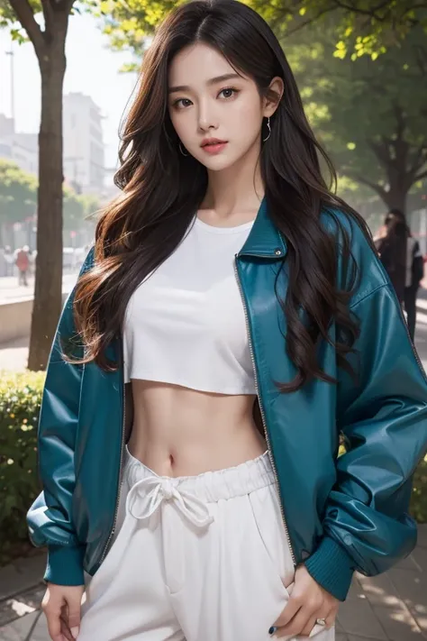 highest quality、4K、Perfect Face、Perfect Style、Sunburn、long curly layer hair, beautiful、stylish appeal、Mature、Swept-back hair、beautiful abs, jacket,full body,Tshirts,widepants,gorgeous lady, park