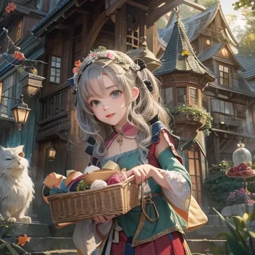 Haensel und Gretel in front of house made of sweets、Hair flow、 ((highest quality、masterpiece、8k、Best image quality、Ultra-high resolution、Award-winning works)、(Accurate anatomy:1.1)、(Look at me and smile:1.1)、Shining fair skin with Ultra-high resolution、The...